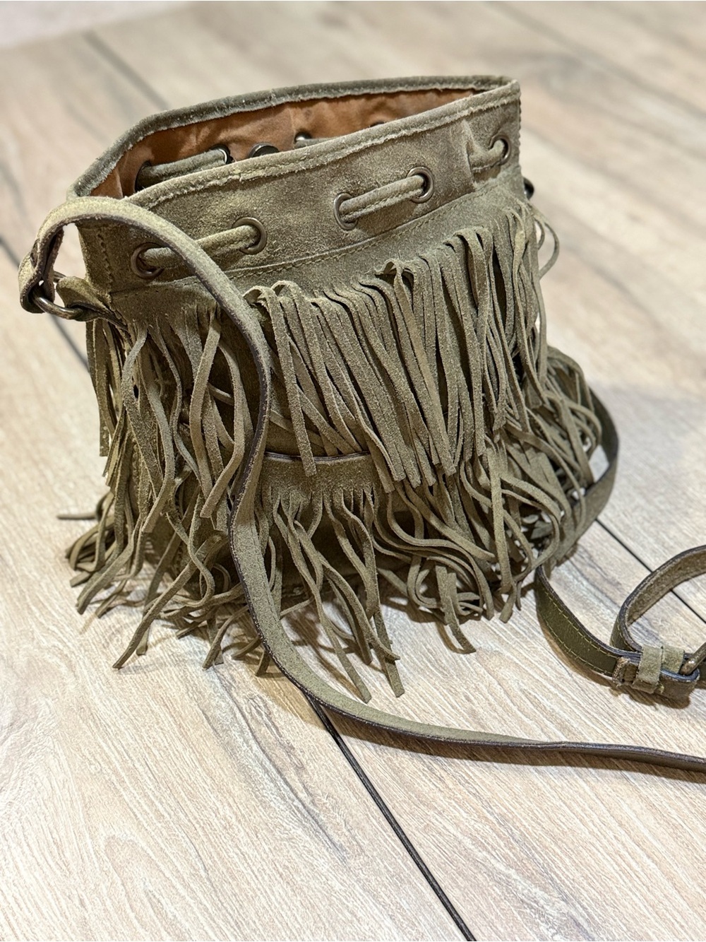 Patricia Nash Crossbody Boho Suede Fringe Bucket Bag Olive Green - Picture 6 of 16